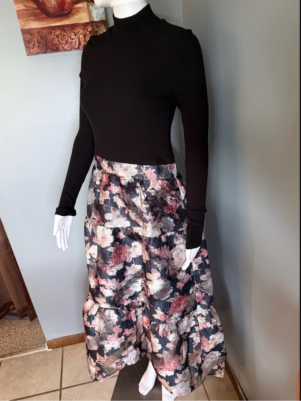 Melloday Women’s Black Ribbed Mock Neck Floral Midi Dress Size S Long Sleeve